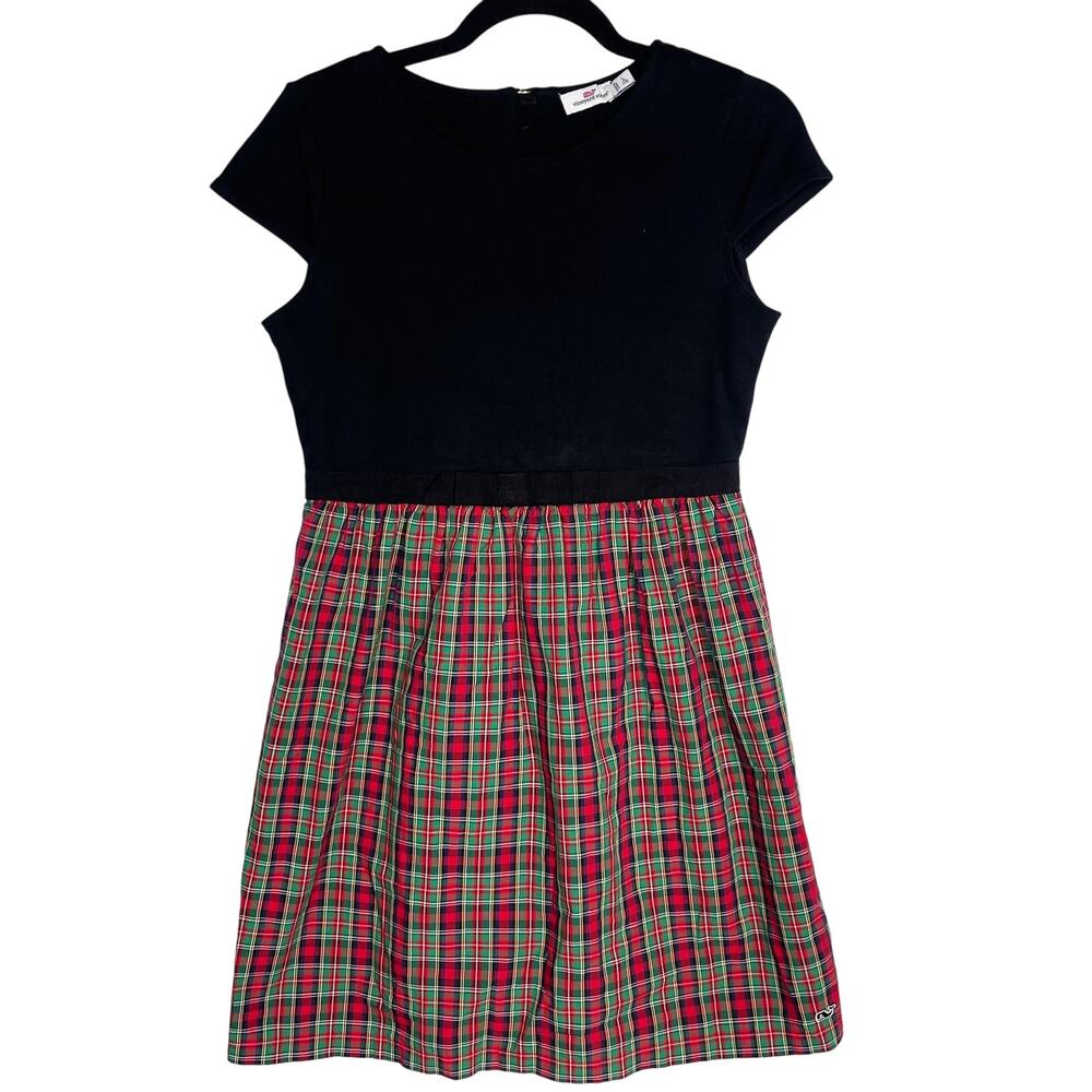 Vineyard Vines Girls Large 14 Black Red Tartan Plaid Short Sleeve Dress Holiday
